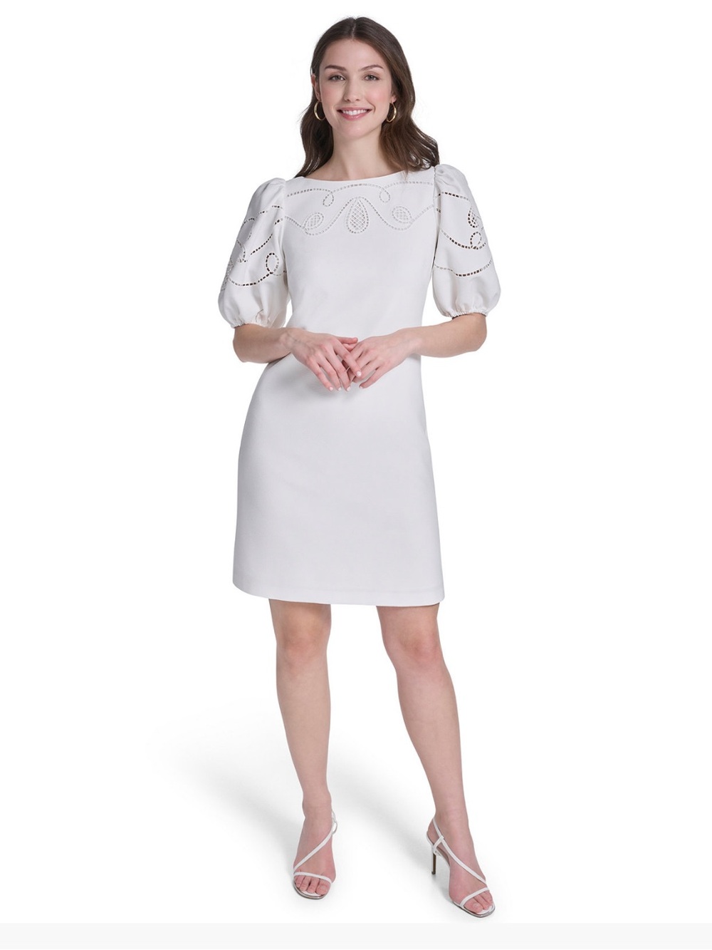 Vince Camuto White Puff-Sleeve Shift Dress